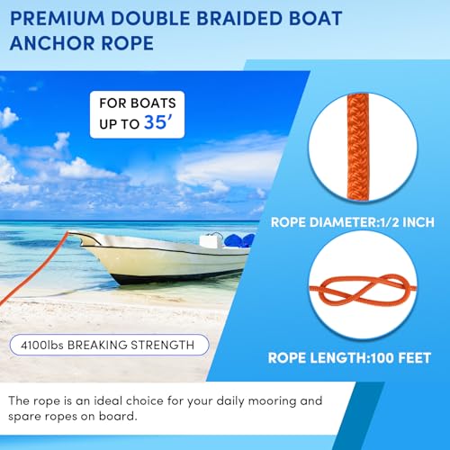 Boat Anchor Rope 100 ft x 1/2 inch Orange Double Braided Marine Line with Stainless Steel Thimble & Shackle - for Towing & Mooring