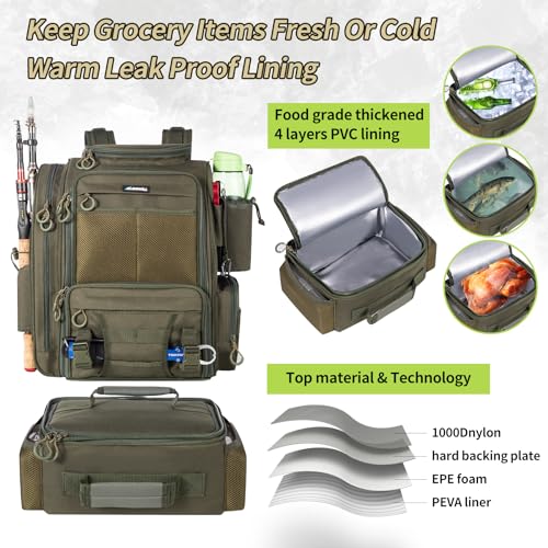 Fishing Backpack with Cooler and Rod Holder - Army Green