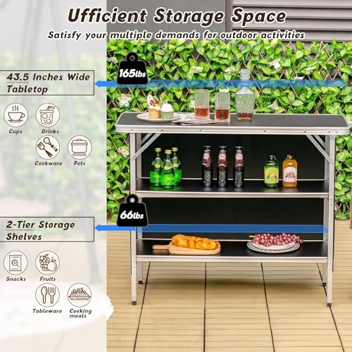 Black Portable Folding Camping Table with 2-Tier Storage Shelves & Removable Cover