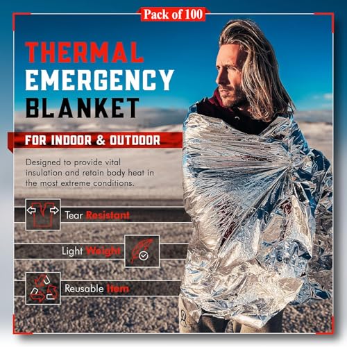 Mart Cobra Silver Mylar Emergency Blankets Bulk 100-Pack for Survival, Camping & Disaster Preparedness