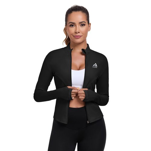 AURVAE Women's Workout Jacket, Womens Cropped Lightweight Running Jackets, Zip Slim Fit Athletic Tops for Gym, Yoga, Jogging (Small, Black)