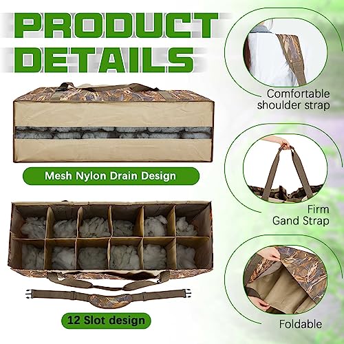 Waterfowl Decoy Bag with 12 Slots - Camouflage Mesh Drain for Hunting