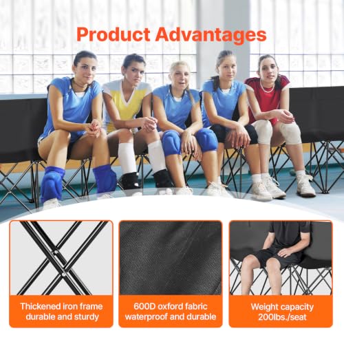 Black 8-Seat Portable Folding Sideline Bench for Sports & Camping
