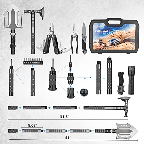 28-in-1 Camping Survival Shovel Set with Axe, Flashlight & High Carbon Steel