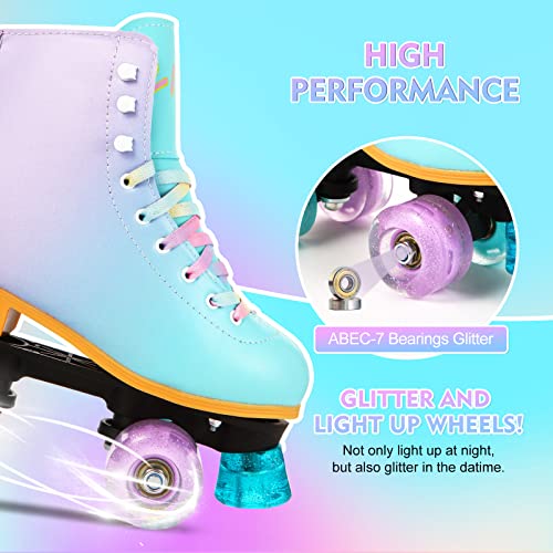 LIKU Purple Quad Roller Skates for Girls & Women, Light-Up All Wheels, Indoor & Outdoor Fun, Size 5-6