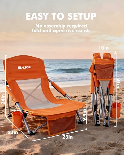 AKSOUL Orange Folding Beach Chair for Adults - Wide Seat, Low & High Back, Pack of 2
