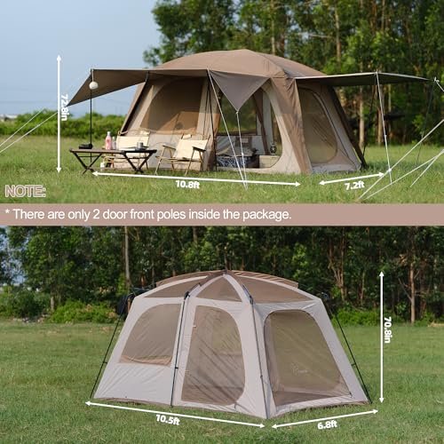 Vidalido 4-6 Person Waterproof Camping Tent with 3 Doors, 2 Rooms, Light Brown