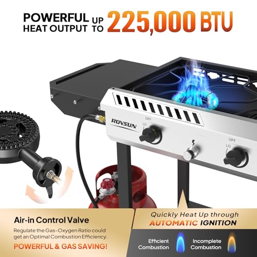Outdoor Propane Gas Stove with Side Shelves - 3 Burner, 225,000 BTU, Ignition & Regulator