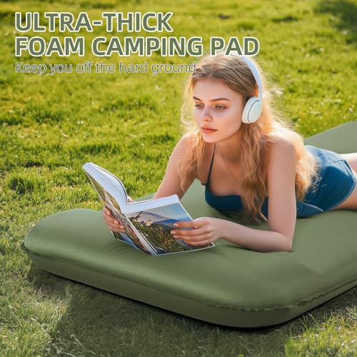 Wevelel Ultra-Thick Memory Foam Sleeping Pad - Military Yellow, 3.1 Inch Supportive Camping Mattress with Pillow
