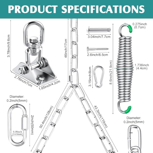 Heavy Duty Porch Swing Hanging Kit with Springs, 8ft Chains & Swivel