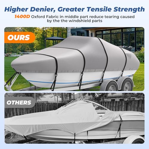 RVMasking 20-22 ft Boat Cover with Motor Cover, Gray, Reinforced 1400D, Windproof