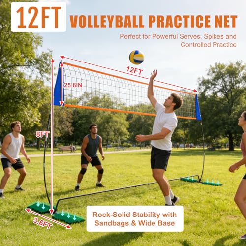 Portable 12FT Volleyball Net Set with Adjustable Height & Wide Base for Backyard & Indoor Play