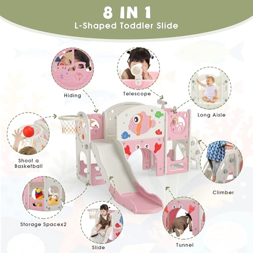 Pink & White 8-in-1 Toddler Indoor & Outdoor Playset with Slide & Climbing