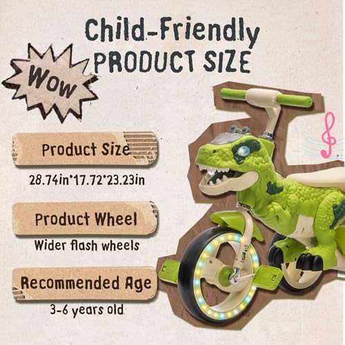Kids Dinosaur Tricycle for 3-6 Year Olds with LED Flash Wheels & Storage Basket - Green