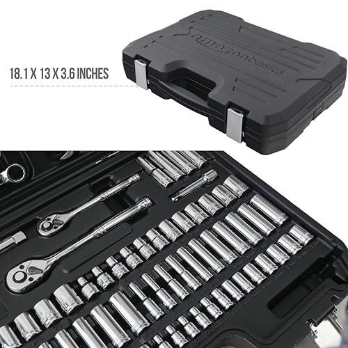 Amazon Basics 145-Piece Mechanic's Socket Tool Set with Case - Black & Silver, Metric Sizes