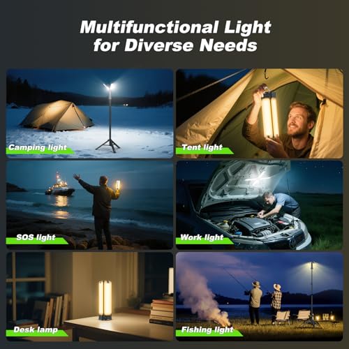 Rechargeable Camping Lantern with Remote & Stand - 6Ft Black, 6000 Lumens, 14,000mAh Power Bank, Adjustable Height, Emergency Light