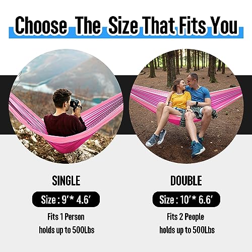 Pink Double & Single Camping Hammock with Tree Straps - Portable Lightweight Nylon Parachute