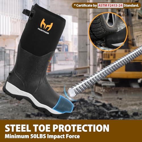 Hunthor Black Rubber Work Boots for Men with Steel Toe Waterproof - Size 10