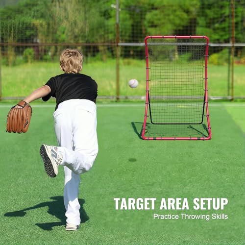 VEVOR 4x5.5 Ft Red Baseball Softball Rebounder Net with Adjustable Angles and Steel Frame