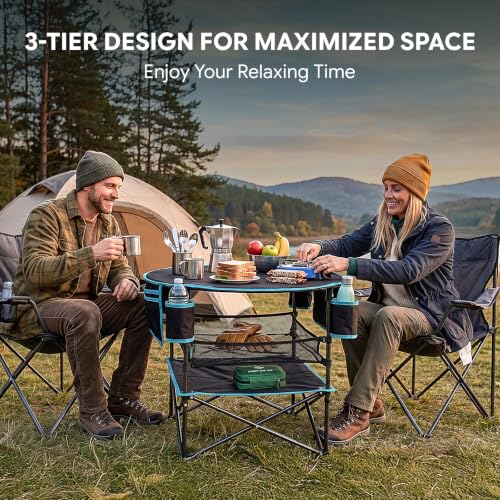 FUNDANGO Foldable Camping Table with Removable Mesh Shelf & 4 Cup Holders - Black