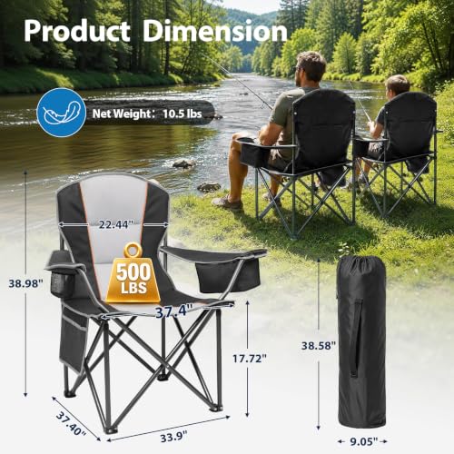 Oversized Camping Chair 2 Pack - Heavy Duty Support 500LBS, Black & Gray