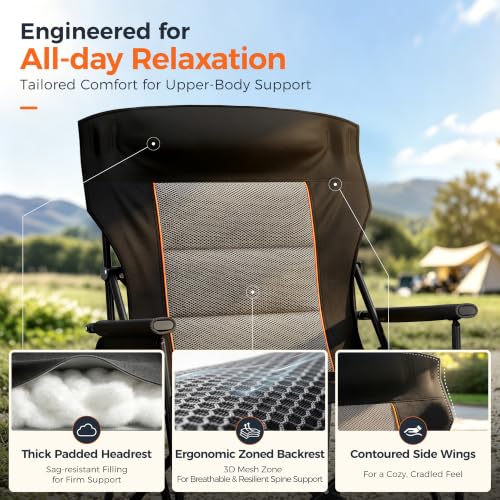 Alpha Camp Heavy Duty Oversized Camping Chair with Cup Holder & Headrest - Black, 2-Pack, 500LBS Capacity