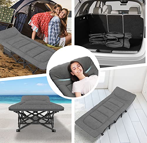 Grey Folding Camping Cot for Adults with Cushion & Pillow - Portable Bed