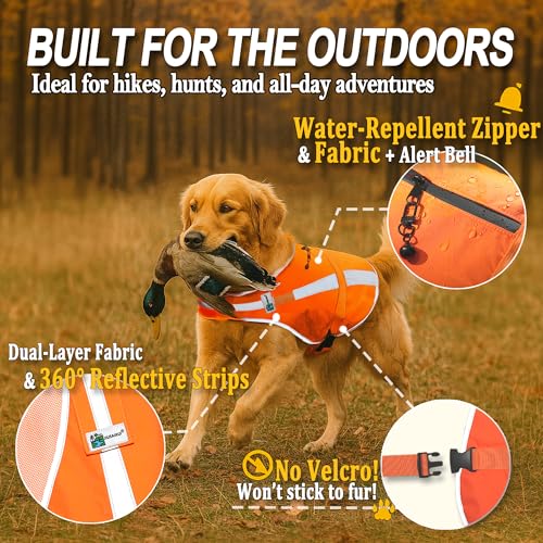 Reflective Dog Hunting Vest M - Blaze Orange Safety Vest with Removable Bell Waterproof Lightweight
