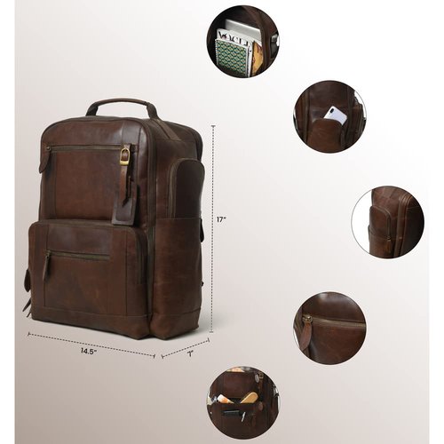 Buffalo Leather Backpack for Men 16 Inch| Vintage Leather Backpack Multi Pockets Business Travel Daypack| Full Grain Brown Leather Shoulder Rucksack Knapsack