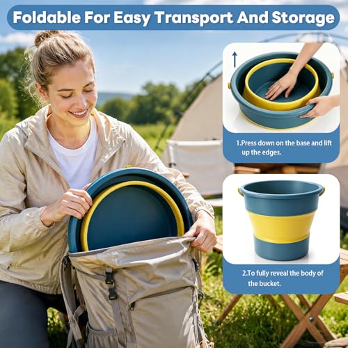 Portable Camping Shower with Heater - Blue-Yellow, 3 Spray Modes, 5 Gal Foldable Bucket