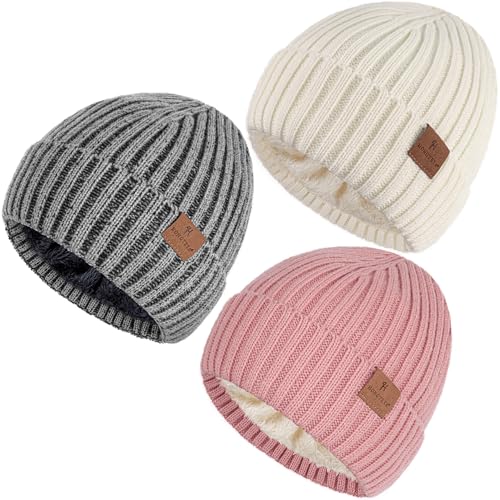 Winter Beanie Hat for Men and Women - Thick Thermal Plush Lined Knit Cap - Gray, White, Pink - One Size