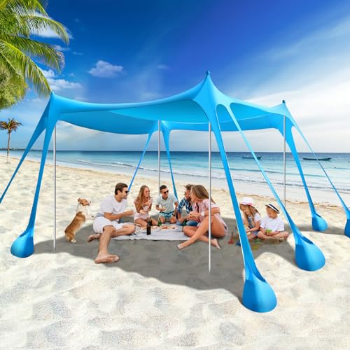 Rhino Valley 10x10 ft Beach Tent Sky Blue UPF50+ Sun Shelter with 8 Sandbags & Poles