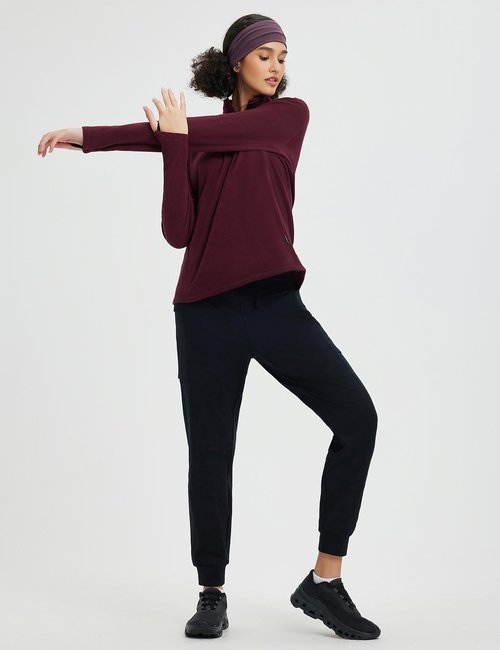 baleaf Women's Thermal Quarter Zip Pullover Polar Fleece Long Sleeve Hiking Running Warm Tops Cold Weather Gear with Kangaroo Pocket Wine Red XS