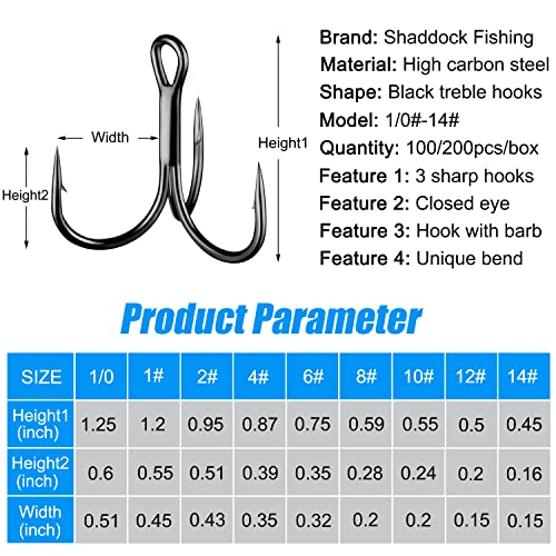Black 100PCS Shaddock Fishing Short Shank Treble Hooks for Saltwater & Freshwater