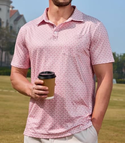Lexiart Men's Golf Polo Shirt Short Sleeve Slim Fit Quick Dry Pink X-Large