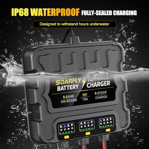 SOARFLY 3 Bank Marine Battery Charger 12V 30A Waterproof Smart Maintainer