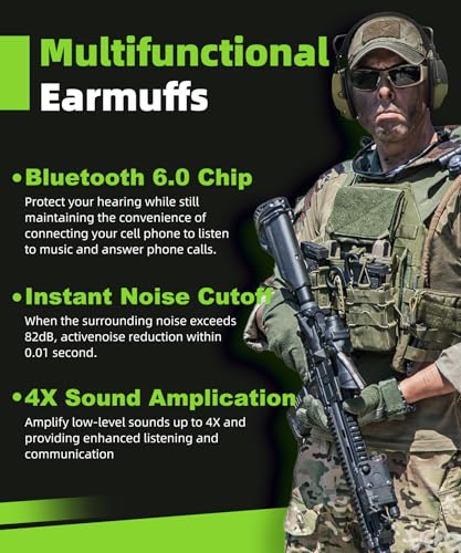 Green Bluetooth Shooting Ear Protection Earmuffs with Noise Cancellation & Sound Amplification