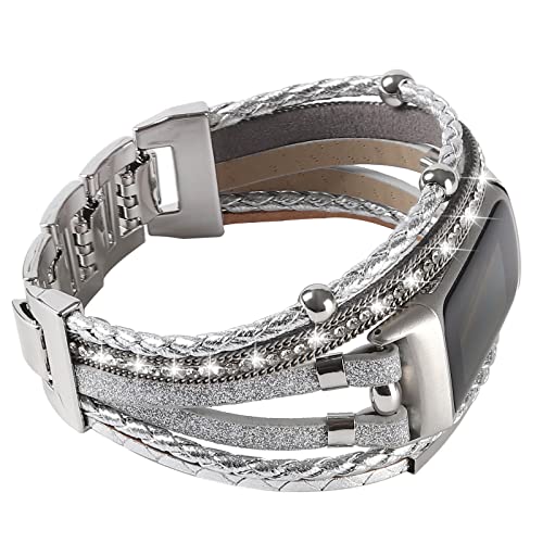 Leather Bands Compatible with Fitbit Charge 5/6 Silver Multilayer Wrap Bracelet for Women