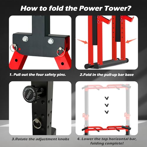 Aroha Red Foldable Power Tower Pull Up Station with Adjustable Height for Home Gym