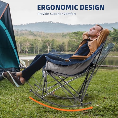 Blue & Gray Oversized Rocking Camping Chair 400lb Capacity with Cup Holder
