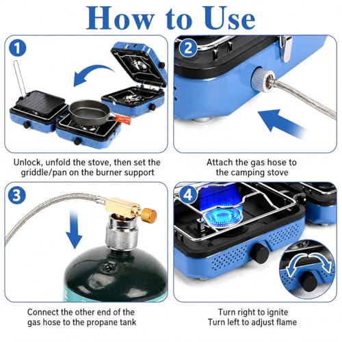 Hisencn Sky Blue Double Burner Camping Stove with Windscreen & Accessories