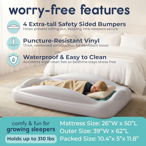Hiccapop Inflatable Toddler Travel Bed with Safety Bumpers - Misty Blue, Portable & Puncture-Resistant