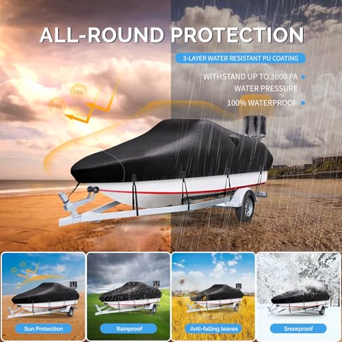 Trailerable Boat Cover 20-22ft, Heavy Duty 1200D Oxford, Black, Fit 20-22 ft Boat with Adjustable Straps