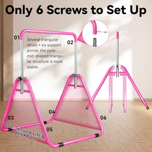 WATBKHE Pink Kids Gymnastics Bar - Adjustable, Foldable Indoor Gym Equipment