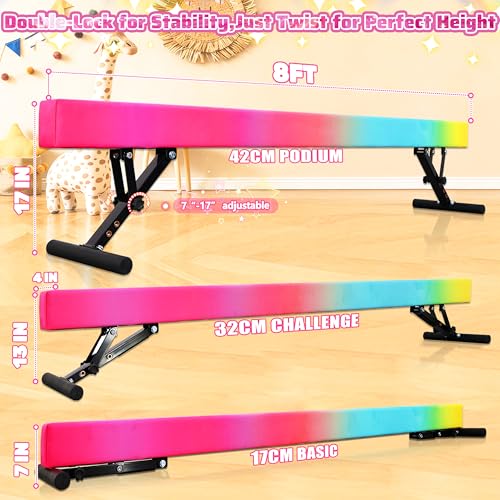 FC FUNCHEER Rainbow Gradient Adjustable Kids Gymnastics Balance Beam - 8FT