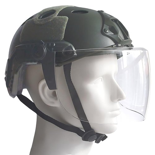 Tactical Airsoft Paintball PJ Type Fast Helmet with Face Shield Visor Goggles Side Rail & NVG Mount (OD Green)
