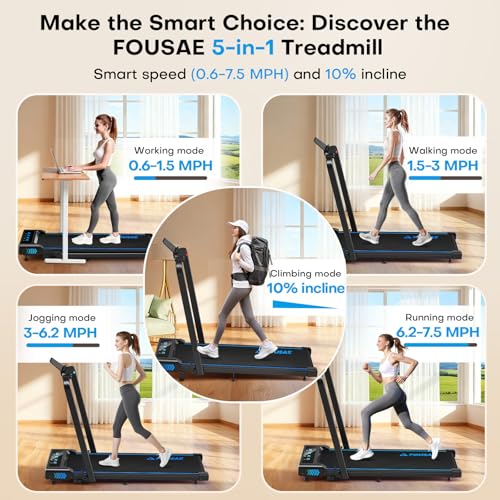 FOUSAE 5-in-1 Foldable Home Treadmill Black Blue - 7.5MPH Incline, App Compatible