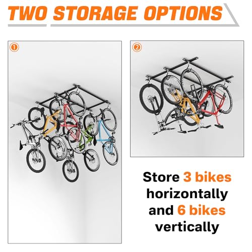 TORACK Ceiling Bike Rack for Garage - 3 Bikes Horizontal, Adjustable Overhead Bicycle Storage Hooks