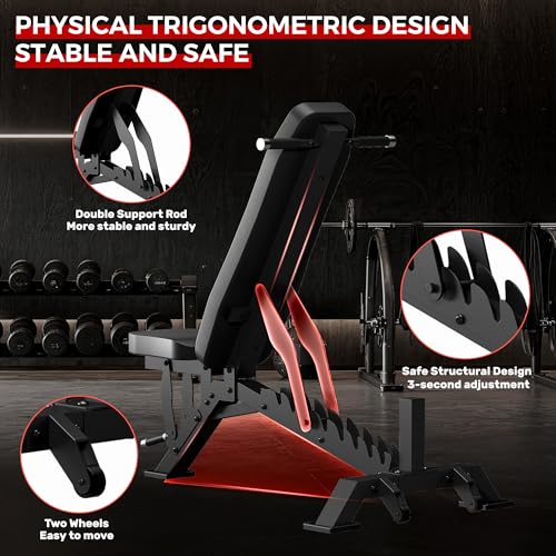 Black Adjustable Weight Bench 1300LB Capacity for Home Gym, Flat & Incline with 33" Backrest