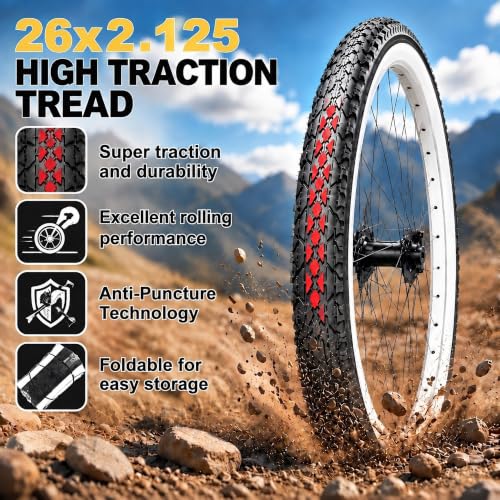 26 Inch Bike Tires Set 2 Pack with Inner Tubes & Repair Kit - All-Terrain Puncture-Resistant for Cruiser & Beach Bikes